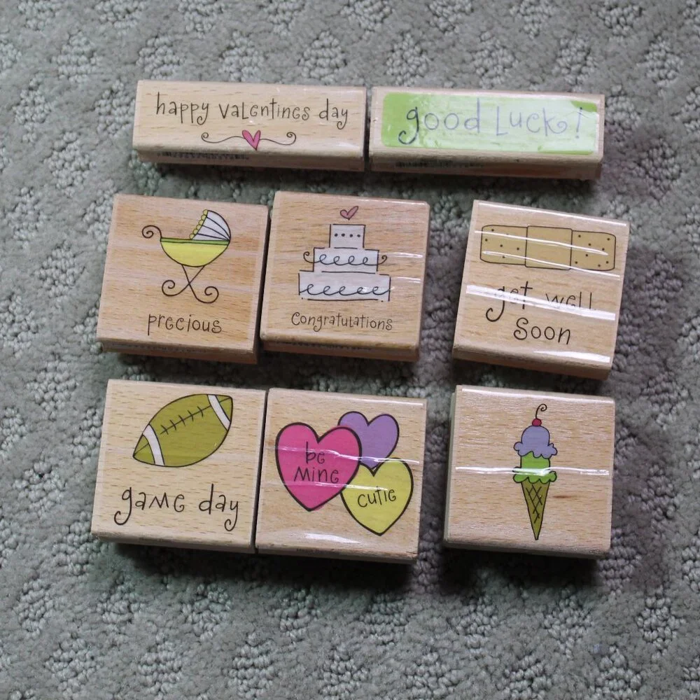 Lot of 8 Katie & Co Seasonal Themed Good Preowned Wood Mounted Stamps